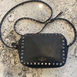Valentino Garavani Black Rockstud Leather Camera Bag